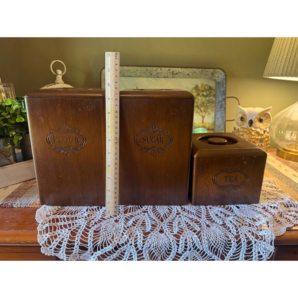 Vintage MCM Wooden Kitchen Canister Set of 3 Flour Sugar Tea Wood Plastic Lined